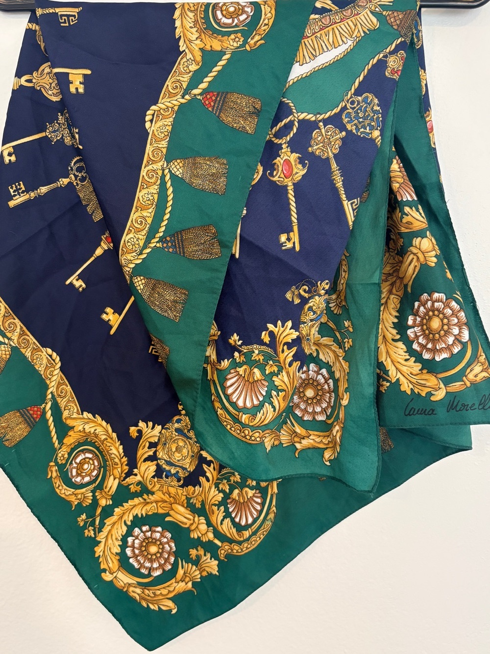 Green & Navy Baroque Key Print Silk Scarf